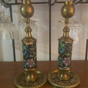 19c RARE PAIR FRENCH LONGWY PORCELAIN BRASS CANDLESTICKS AESTHETIC MOVEMENT ART